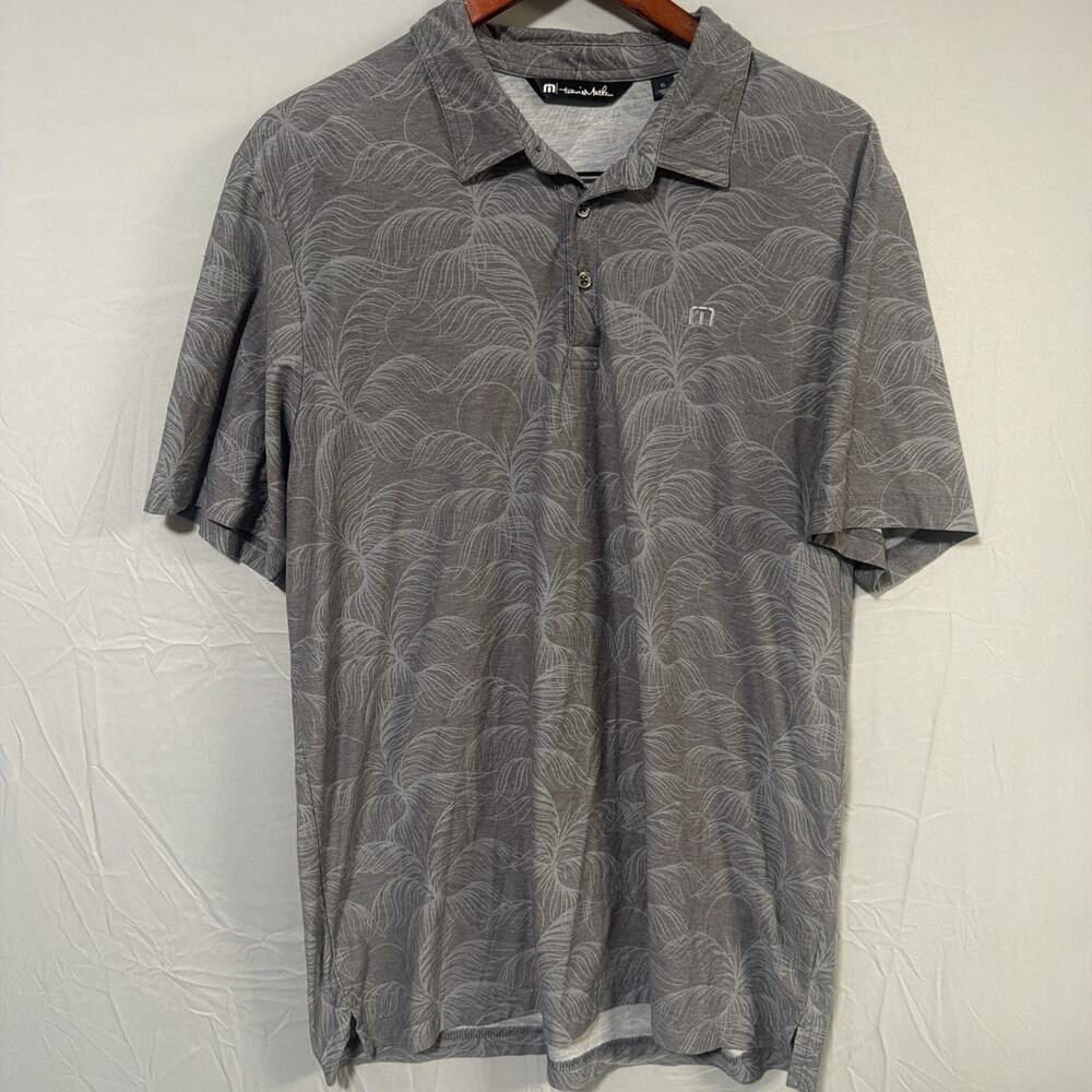 TravisMathew Polo Shirt Mens XL Gray Palm Tree Print Golf Casual Short Sleeve